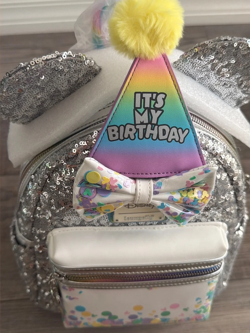 Loungefly 'It's My Birthday' Silver Sequin Mini Backpack NWT